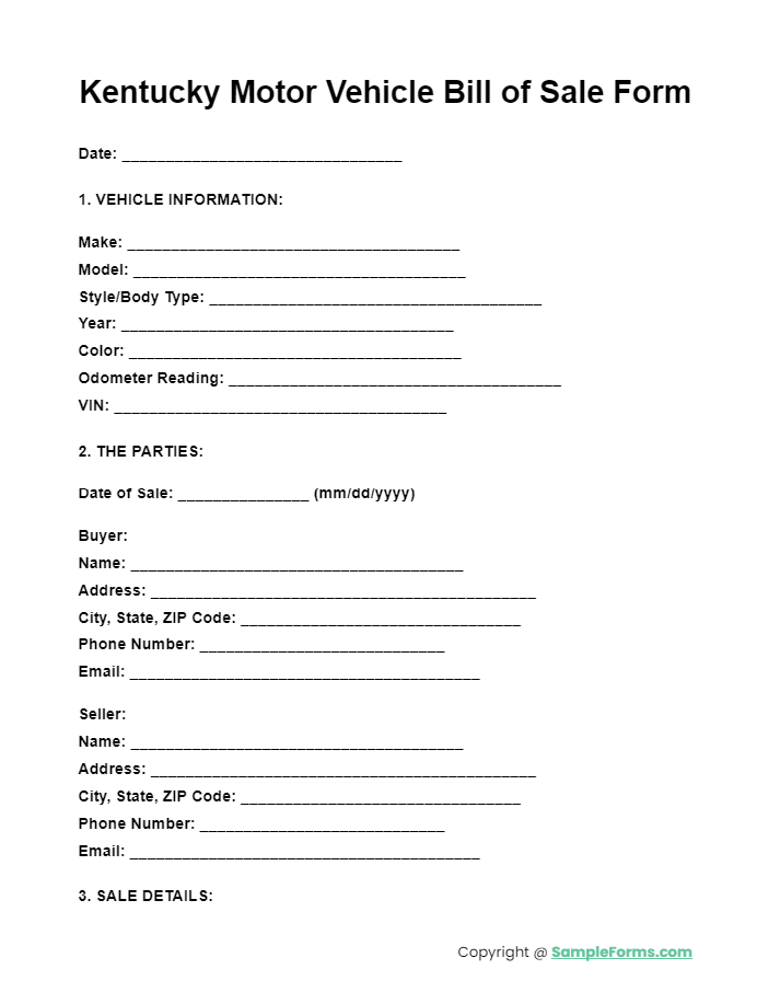 kentucky motor vehicle bill of sale form