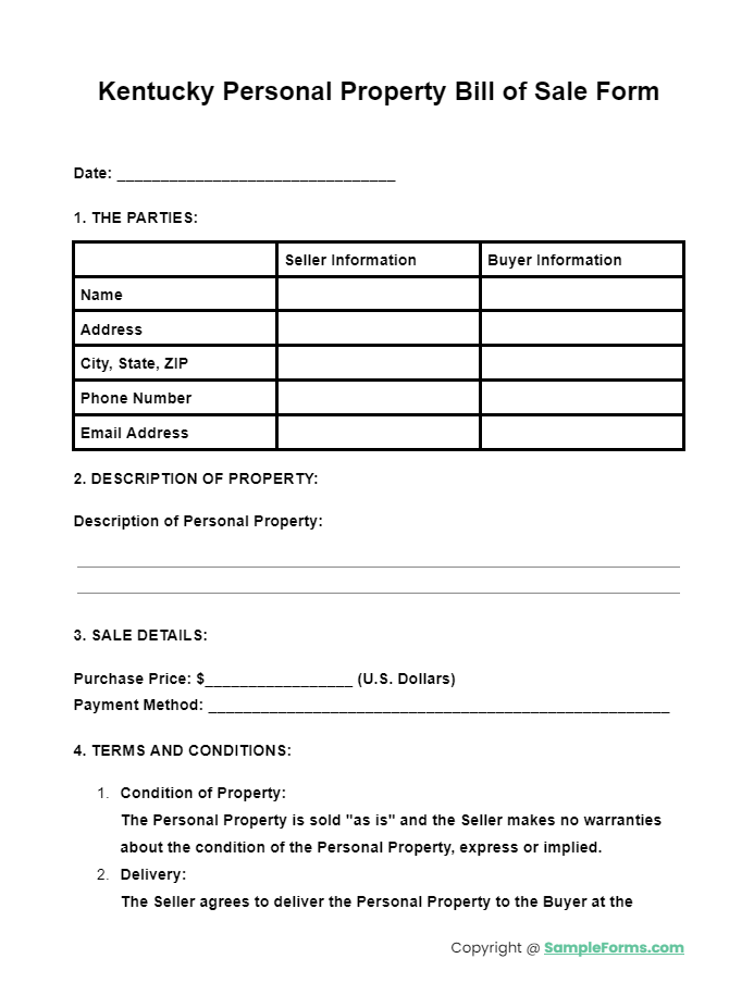 kentucky personal property bill of sale form