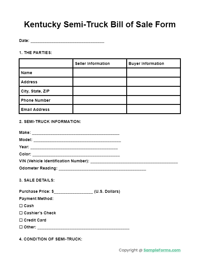 kentucky semi truck bill of sale form