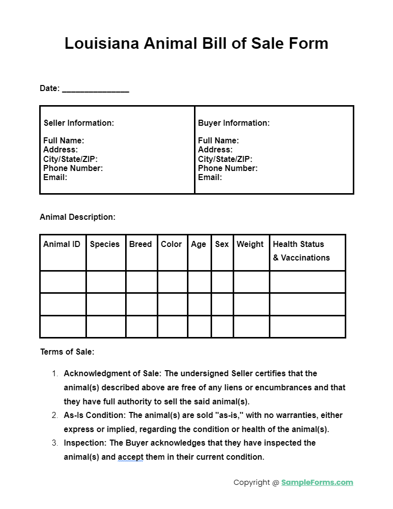 louisiana animal bill of sale form