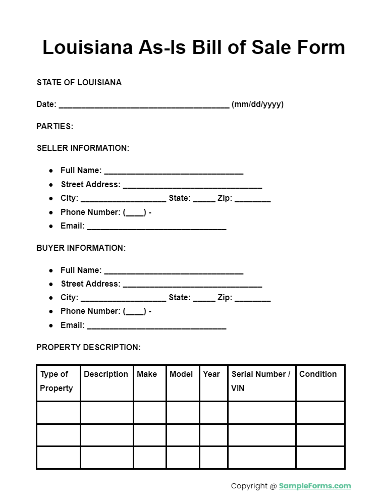 louisiana as is bill of sale form