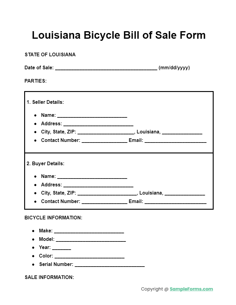 louisiana bicycle bill of sale form