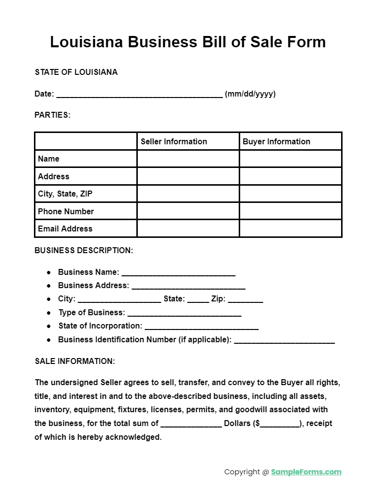 louisiana business bill of sale form