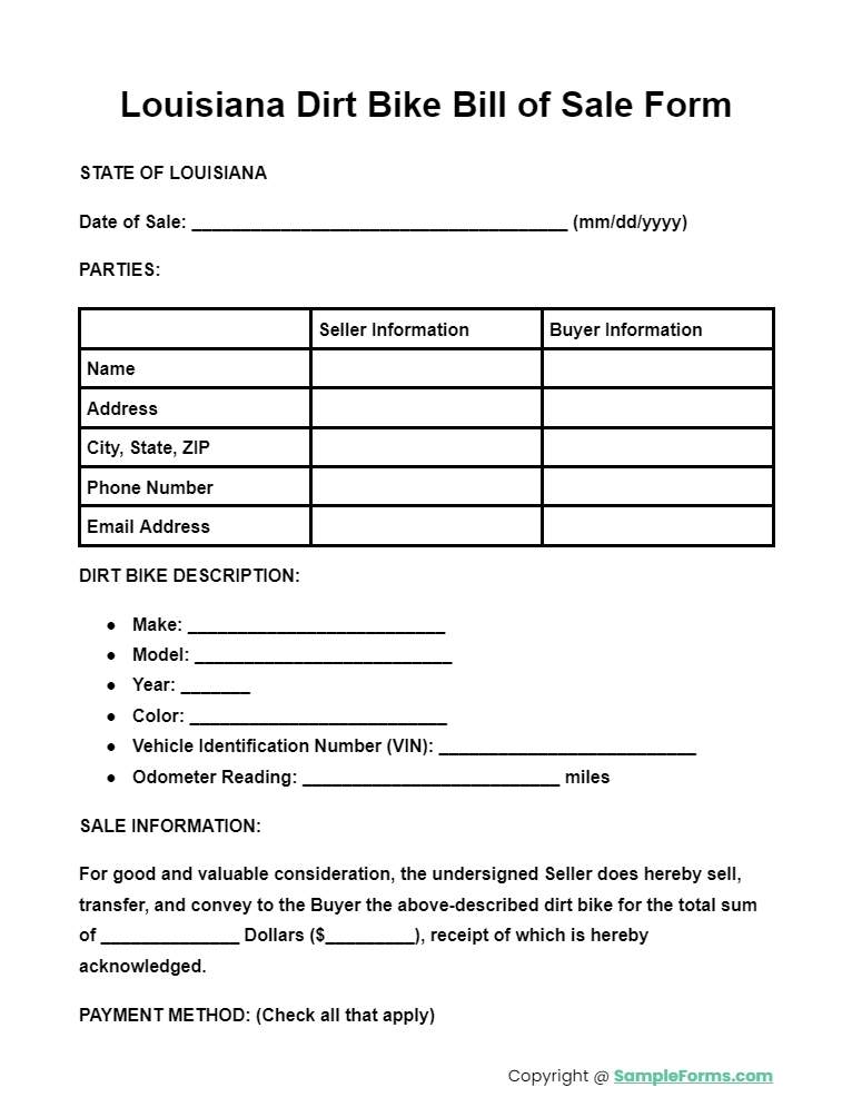 louisiana dirt bike bill of sale form