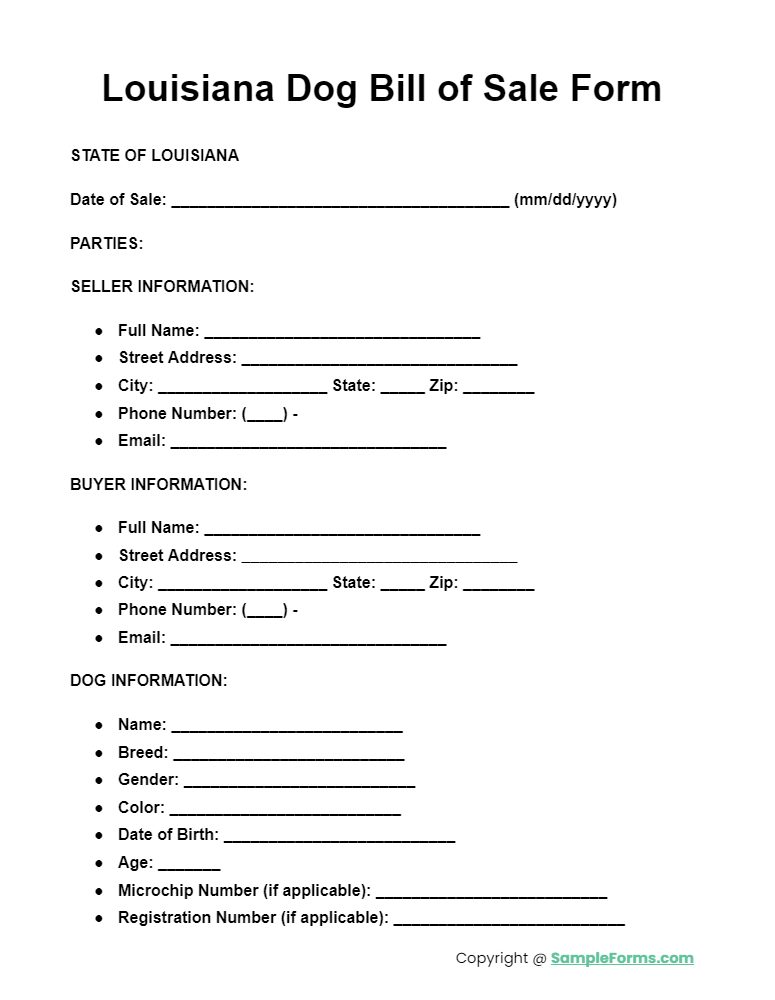 louisiana dog bill of sale form