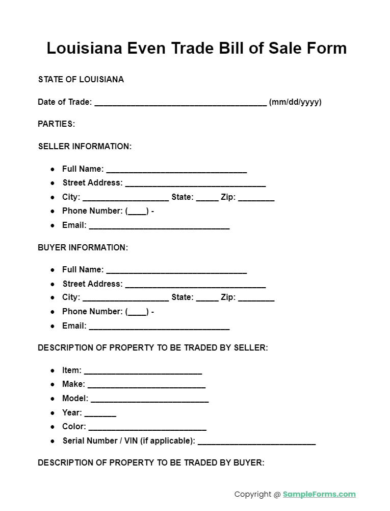 louisiana even trade bill of sale form