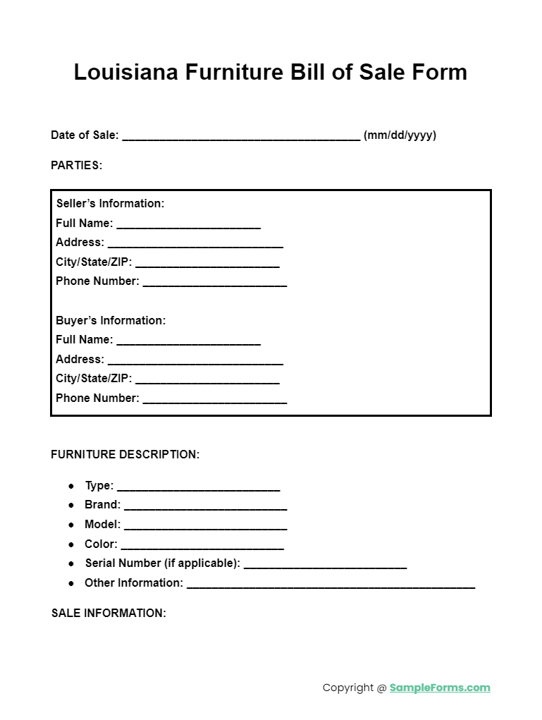 louisiana furniture bill of sale form