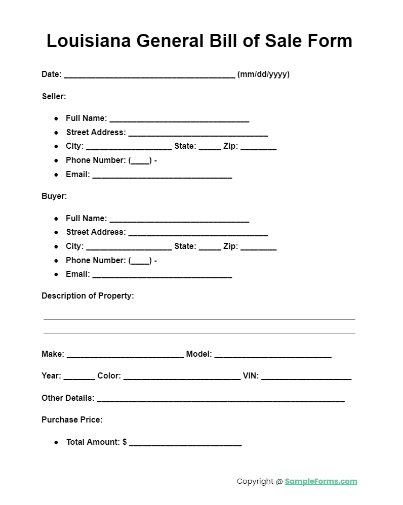 louisiana general bill of sale form