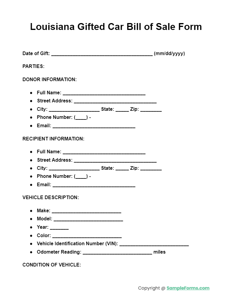 louisiana gifted car bill of sale form