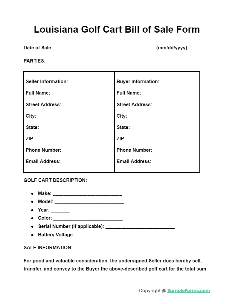 louisiana golf cart bill of sale form