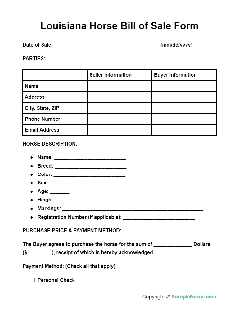 louisiana horse bill of sale form