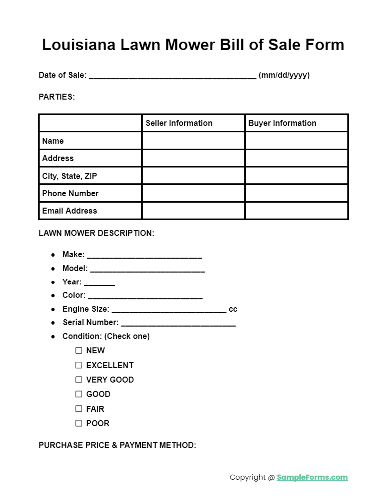 louisiana lawn mower bill of sale form