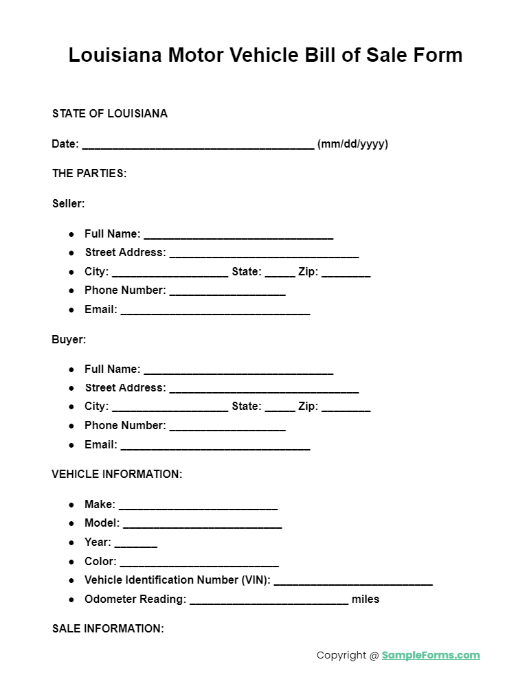 louisiana motor vehicle bill of sale form