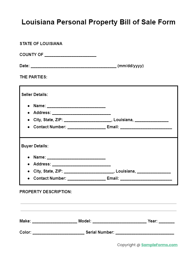 louisiana personal property bill of sale form