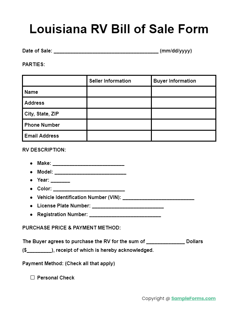 louisiana rv bill of sale form