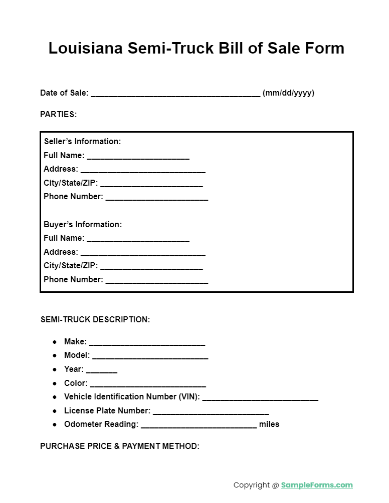 louisiana semi truck bill of sale form