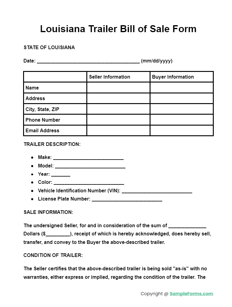 louisiana trailer bill of sale form