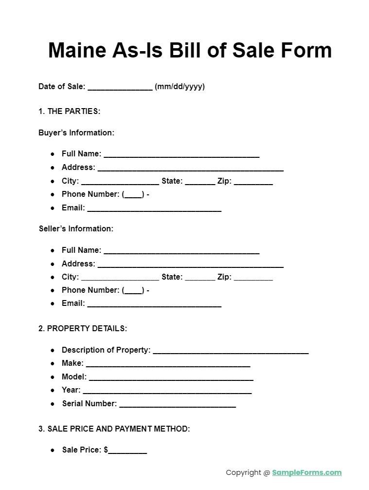 maine as is bill of sale form