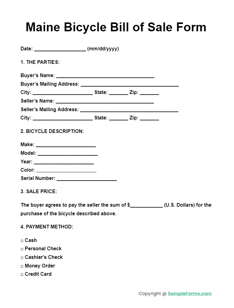 maine bicycle bill of sale form