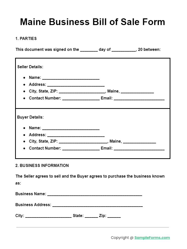 maine business bill of sale form