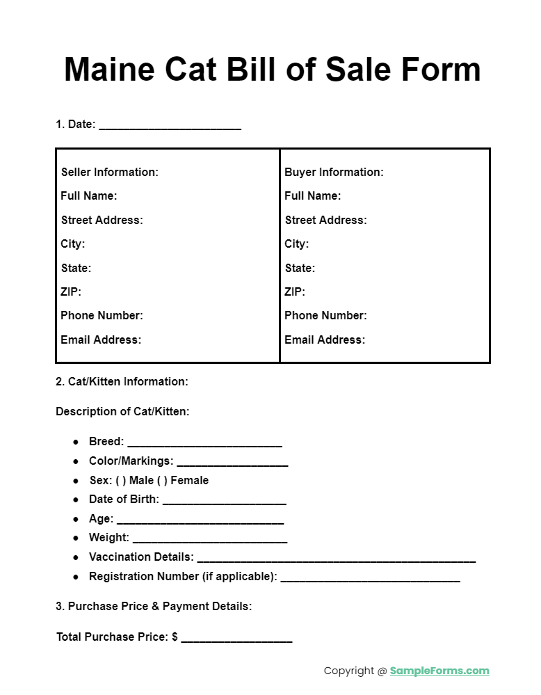 maine cat bill of sale form