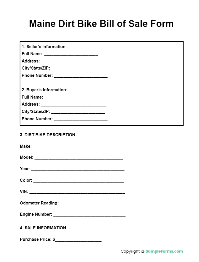 maine dirt bike bill of sale form