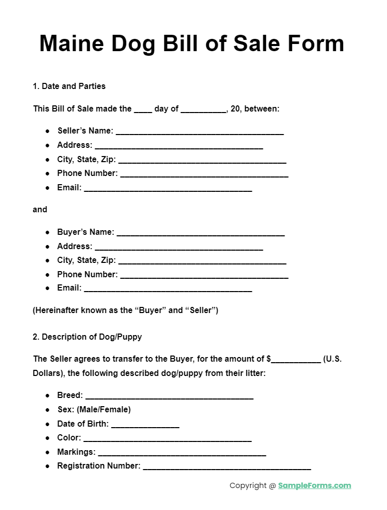 maine dog bill of sale form