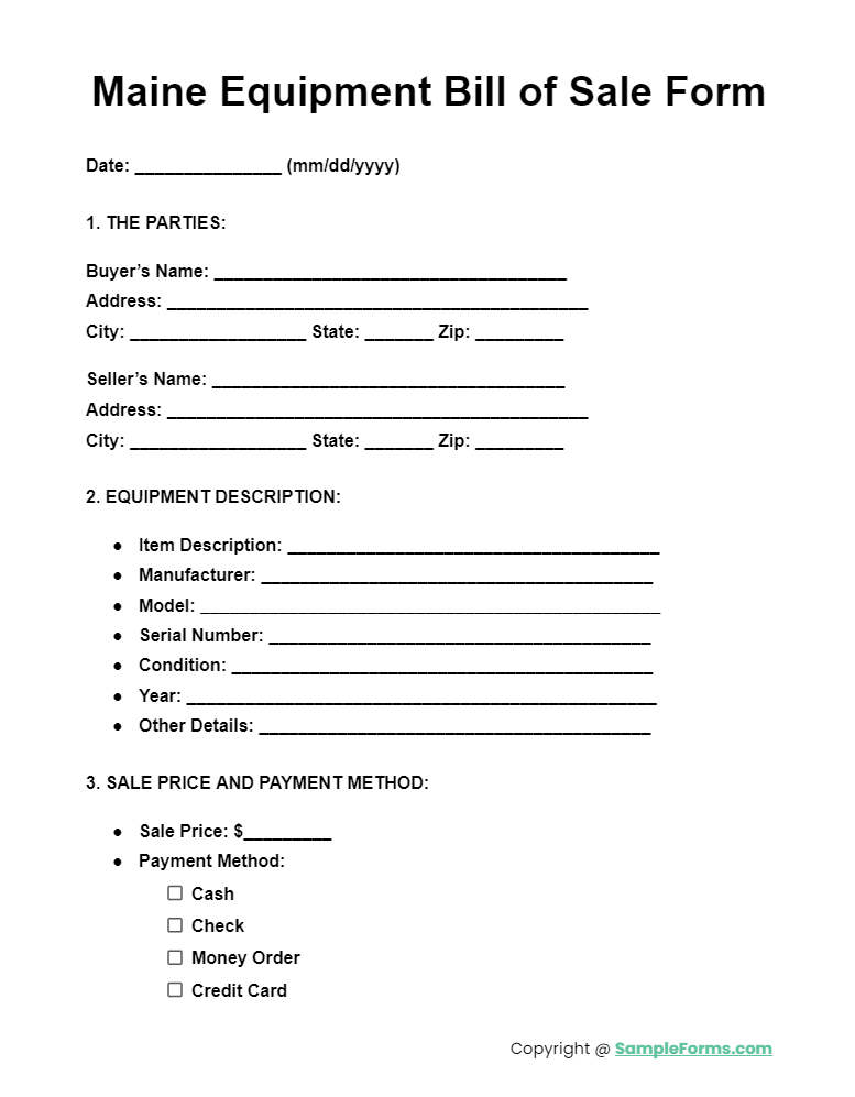 maine equipment bill of sale form