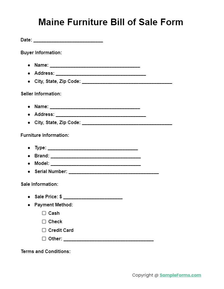 maine furniture bill of sale form