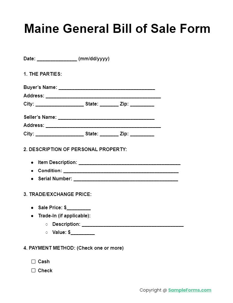 maine general bill of sale form