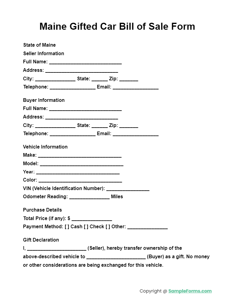 maine gifted car bill of sale form