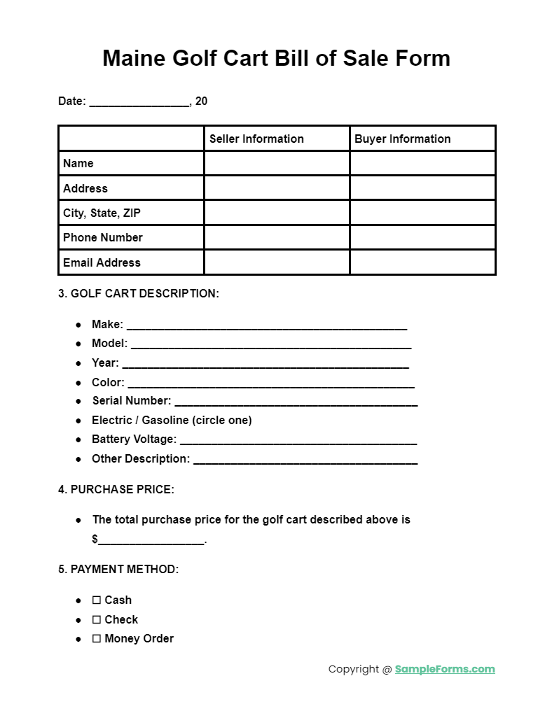 maine golf cart bill of sale form