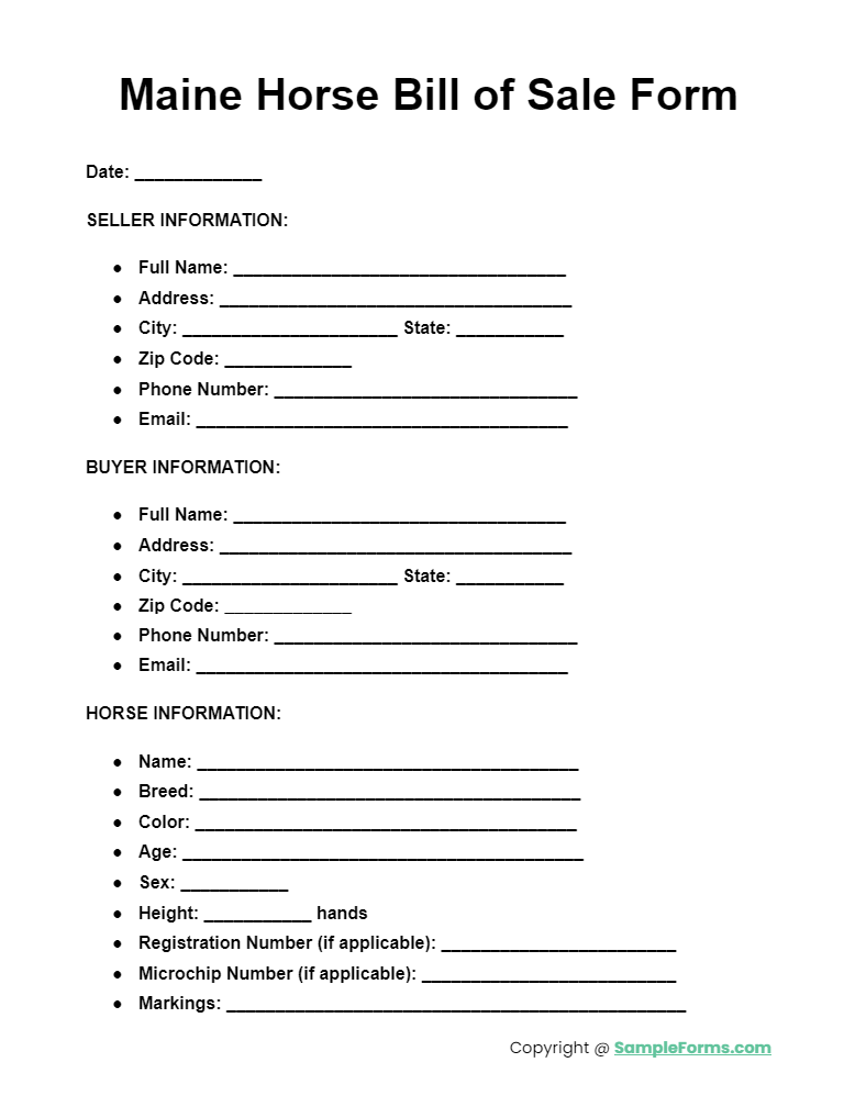 maine horse bill of sale form