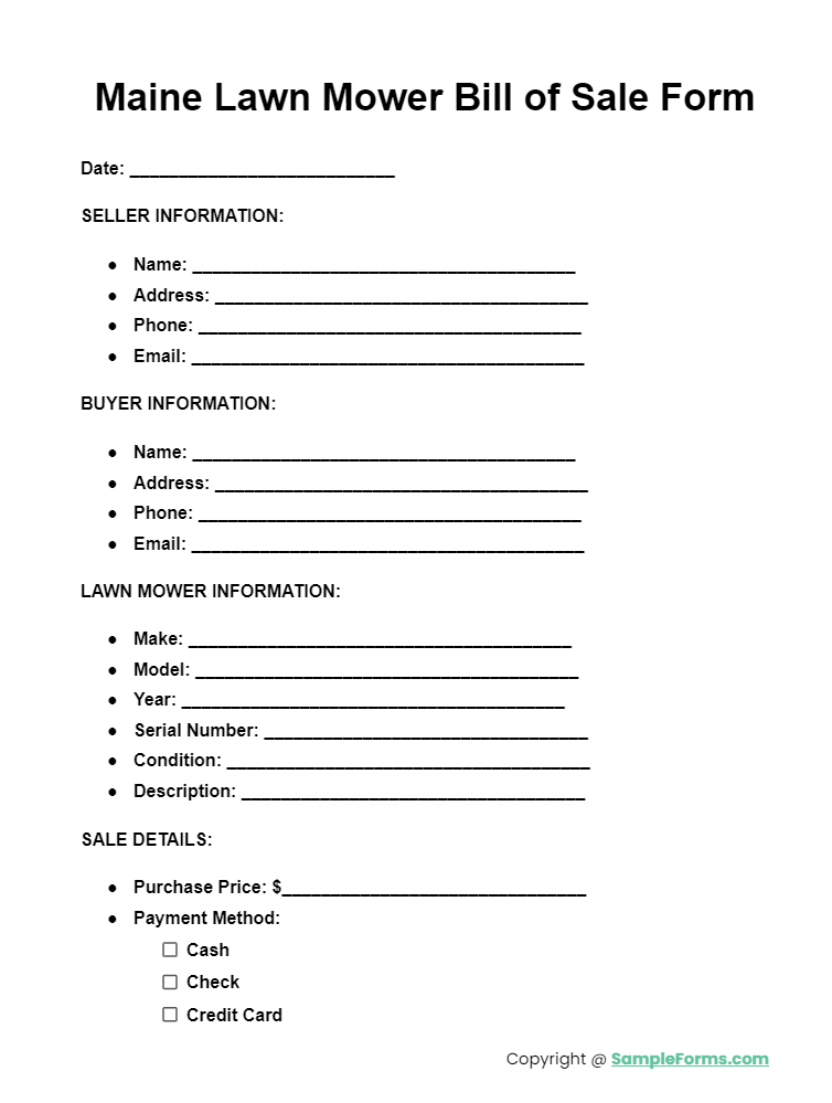 maine lawn mower bill of sale form