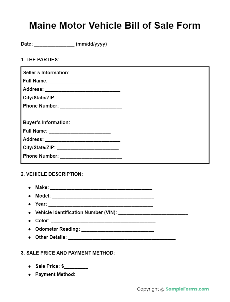 maine motor vehicle bill of sale form