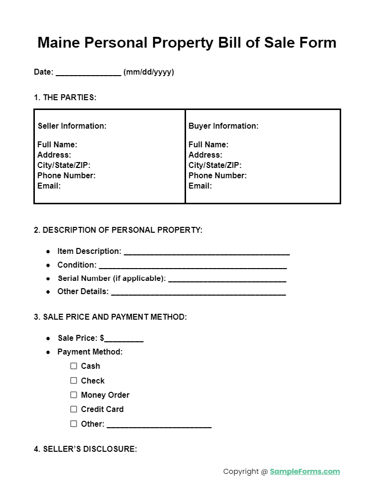 maine personal property bill of sale form