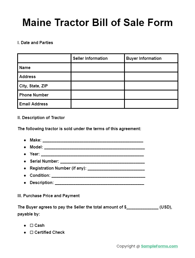 maine tractor bill of sale form