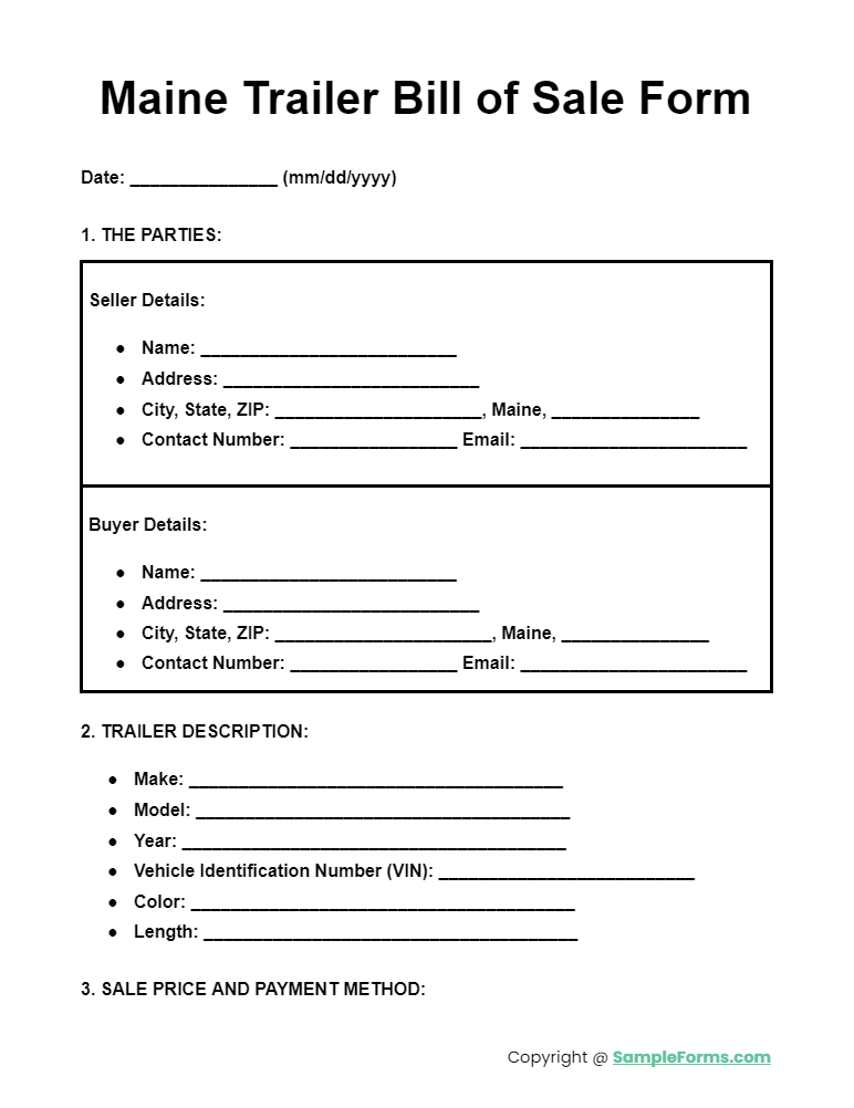 maine trailer bill of sale form