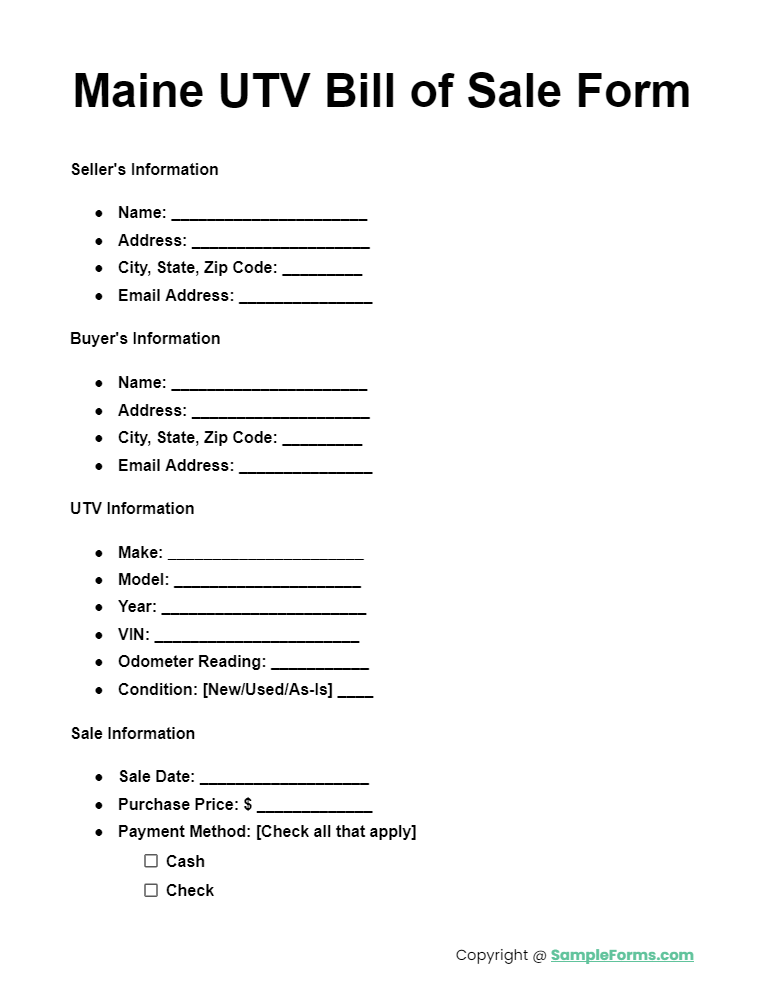 maine utv bill of sale form