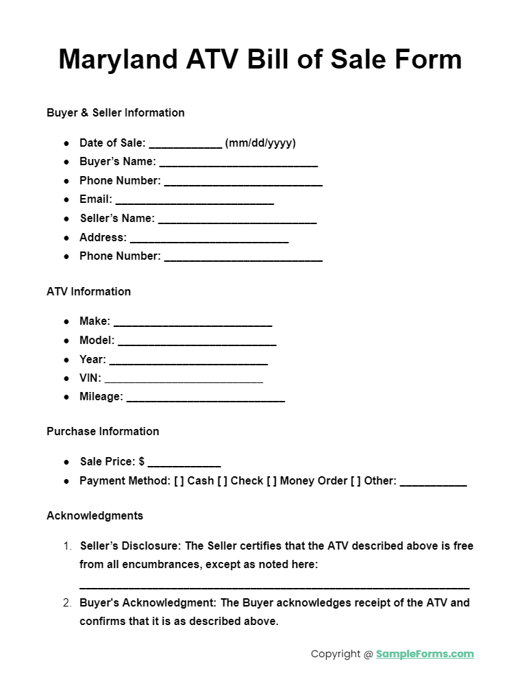 maryland atv bill of sale form