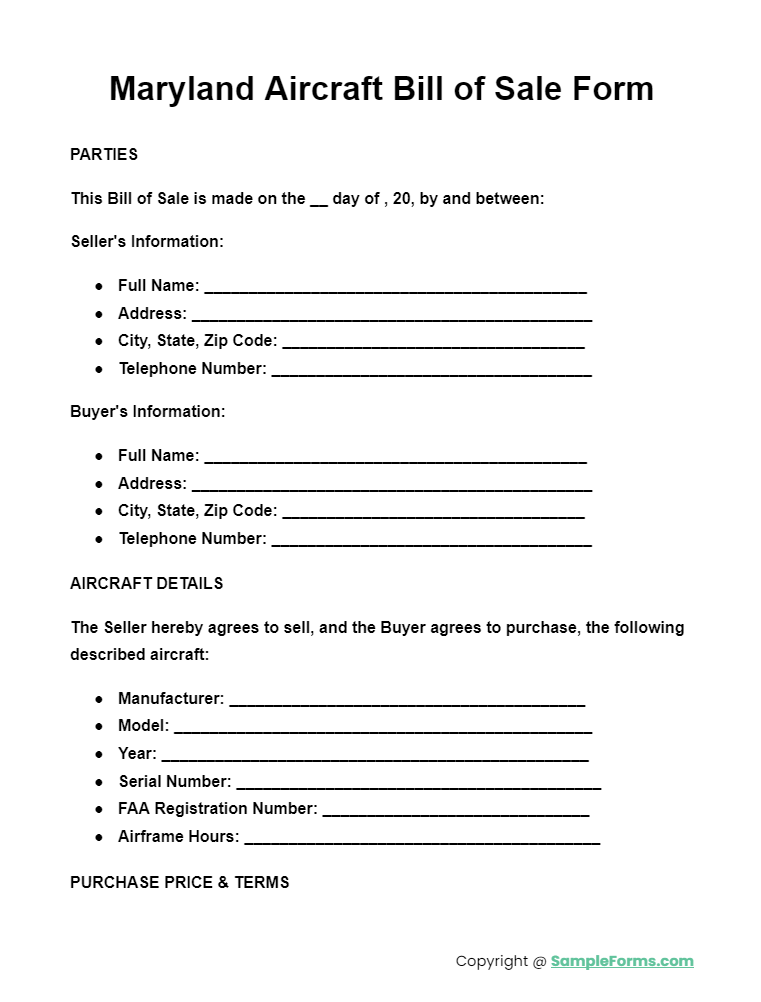 maryland aircraft bill of sale form