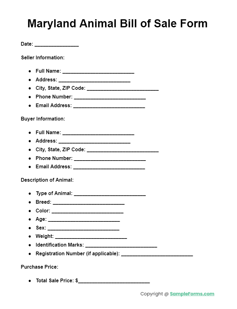 maryland animal bill of sale form