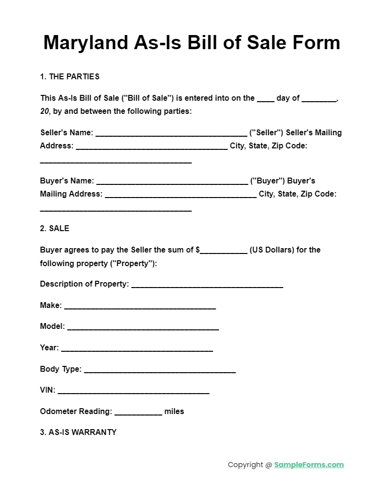 maryland as is bill of sale form