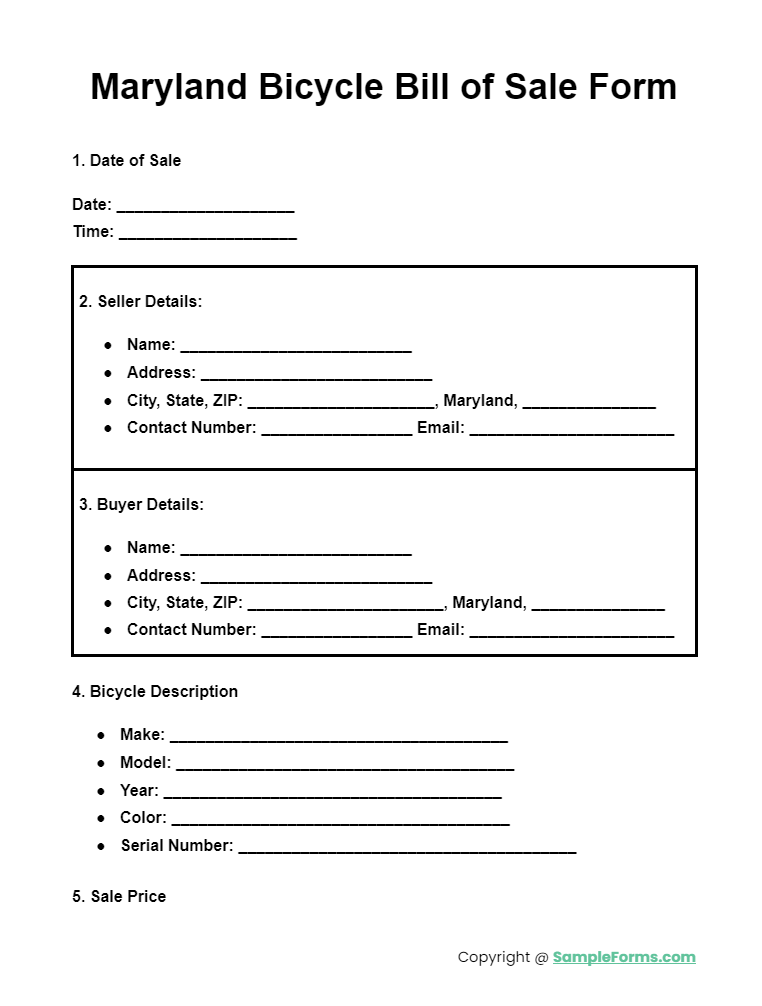 maryland bicycle bill of sale form