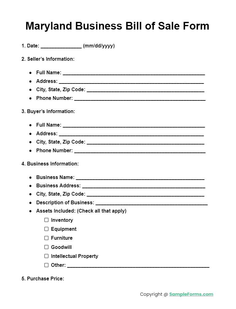 maryland business bill of sale form