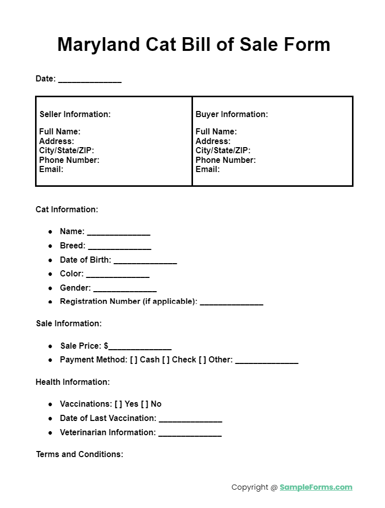 maryland cat bill of sale form