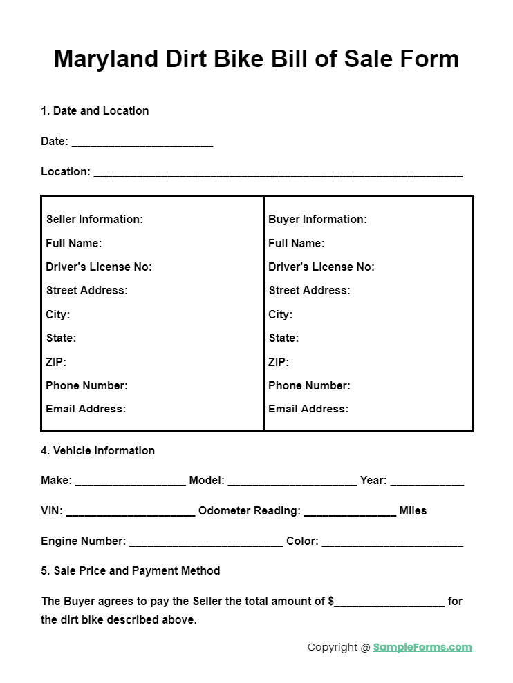 maryland dirt bike bill of sale form