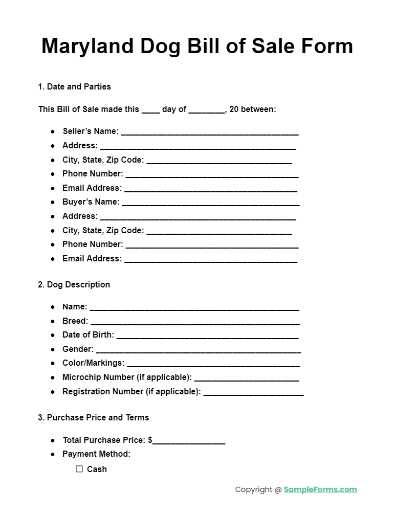 maryland dog bill of sale form