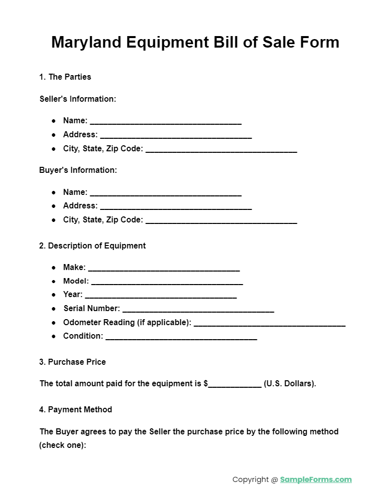 maryland equipment bill of sale form