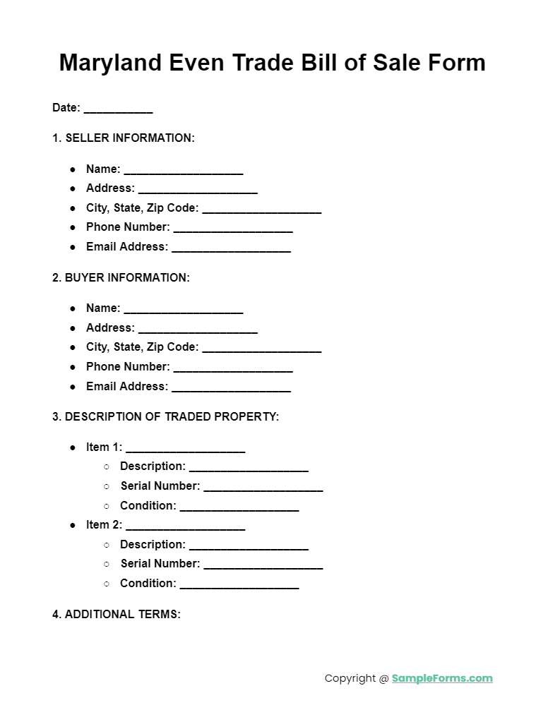 maryland even trade bill of sale form